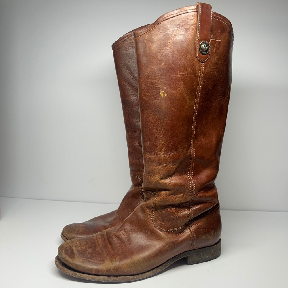 Frye Campus Riding Boots Cognac Brown Women Size 7.5 Leather Tall Distressed